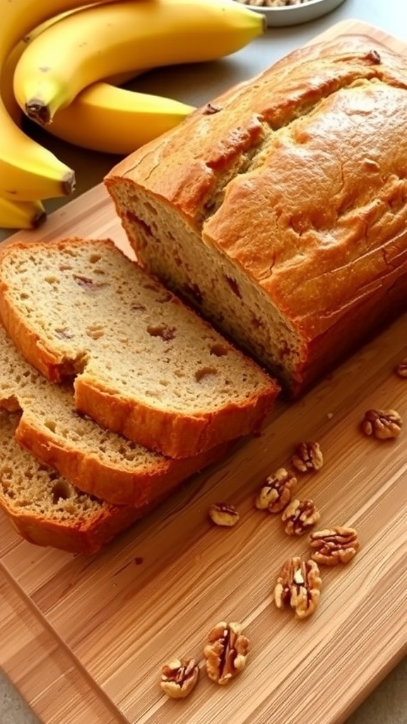 A loaf of banana bread sliced on a cutting board, with whole bananas and walnuts nearby.